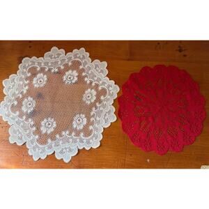 Round Lace Doilies Set Red Crochet & Ivory Lace Decorative Mats